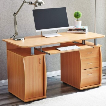 RayGar Deluxe Computer Desk With Cabinet and 3 Drawers - Beech