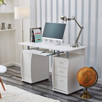 RayGar Deluxe Computer Desk With Cabinet and 3 Drawers - White