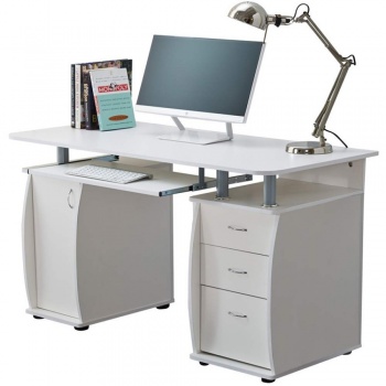 RayGar Deluxe Computer Desk With Cabinet and 3 Drawers - White