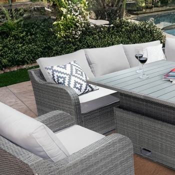 Valletta Luxury Rattan Garden Corner Sofa Set with Adjustable Dining Table & Armchairs  Outdoor Patio Furniture FREE Cushions + Cover