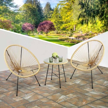 RayGar 3pcs Bistro Egg Designer String Chair Indoor & Garden Set - Natural