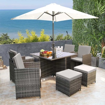 Hera Deluxe Rattan 8 Seater Dining Cube Garden Furniture Patio Set w/ Parasol Hole - Grey