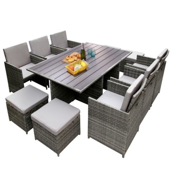 Hestia Deluxe Rattan 10 Seater Dining Cube Garden Furniture Patio Set w/ Parasol Hole - Grey