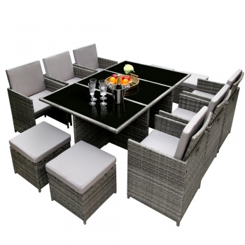 Hestia Deluxe Rattan 10 Seater Dining Cube Garden Furniture Patio Set w/ Parasol Hole - Grey