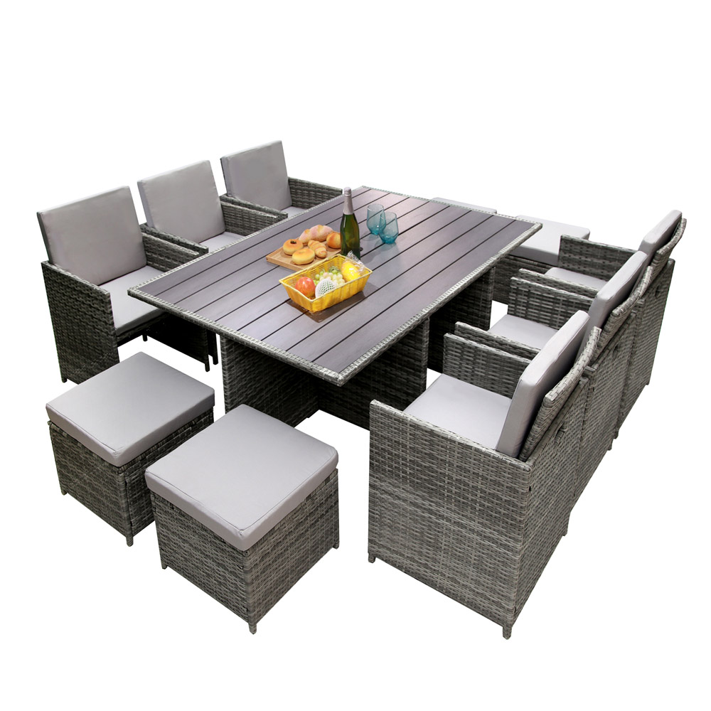 Hestia Deluxe Rattan 10 Seater Dining Cube Garden Furniture Patio Set w/ Parasol Hole - Grey