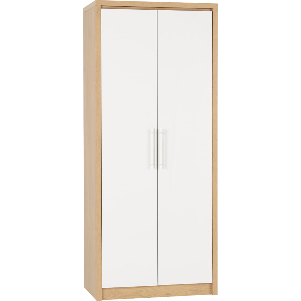 Seville 2 Door Wardrobe with Light Oak Veneer, High Gloss Doors, Chrome Handles - White