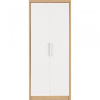Seville 2 Door Wardrobe with Light Oak Veneer, High Gloss Doors, Chrome Handles - White